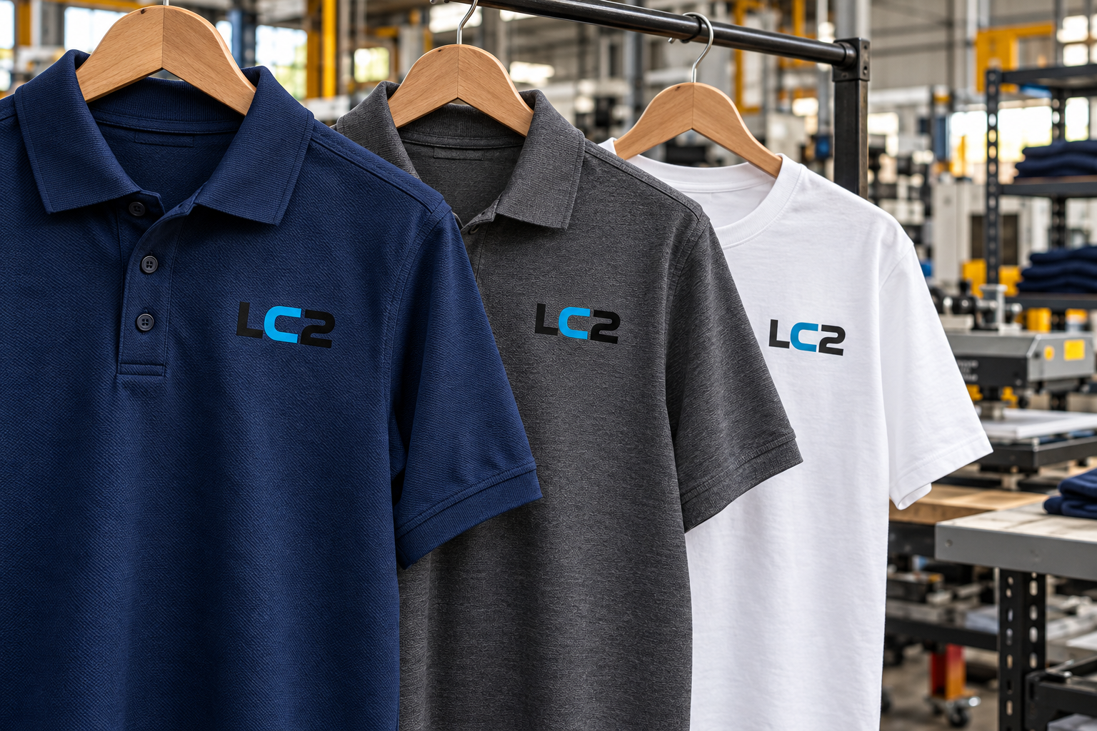 Poleras azul marino, gris y blanca con la marca LC2 aplicada en el pecho