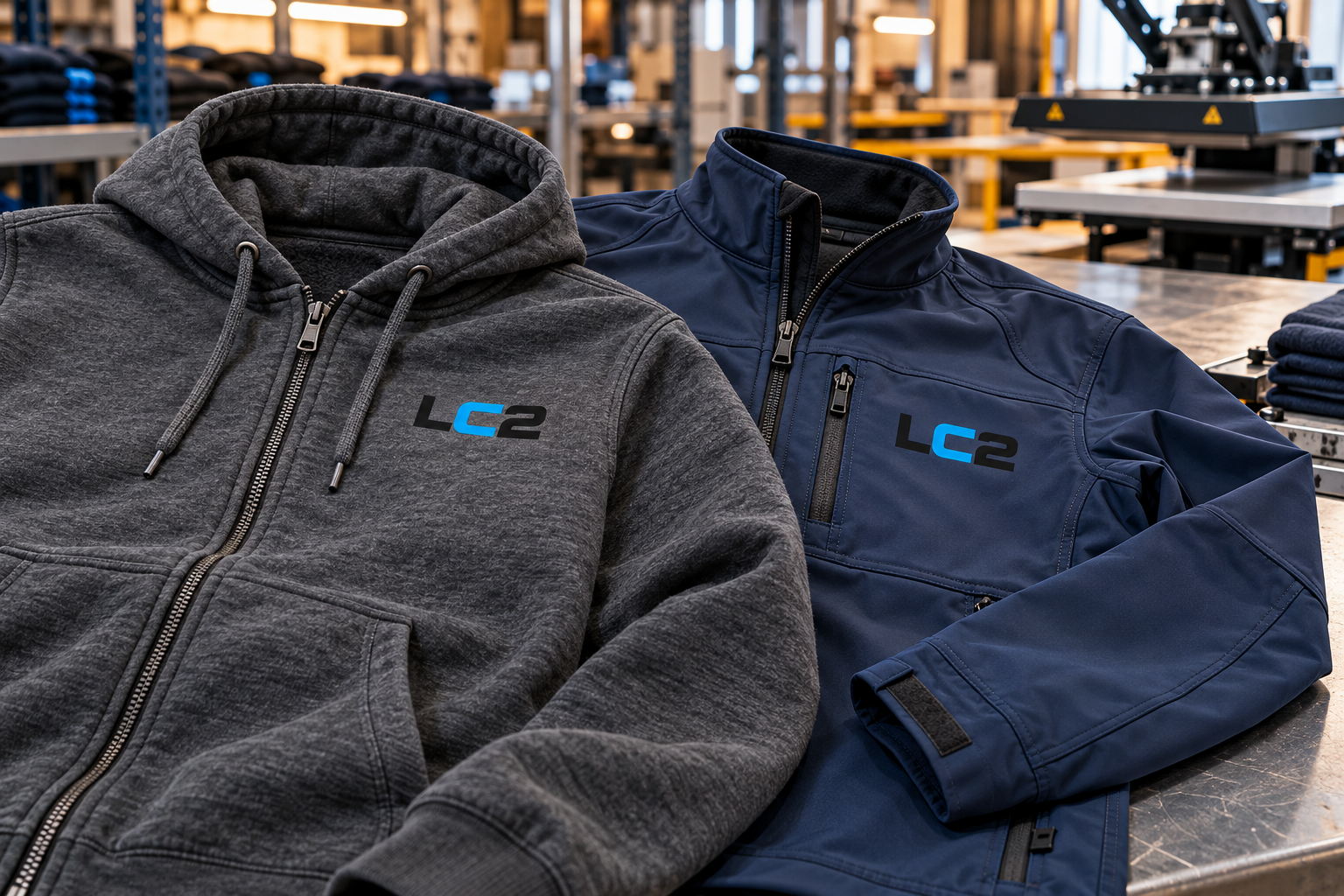 Poler&oacute;n gris y chaqueta azul con la marca LC2 aplicada en el pecho