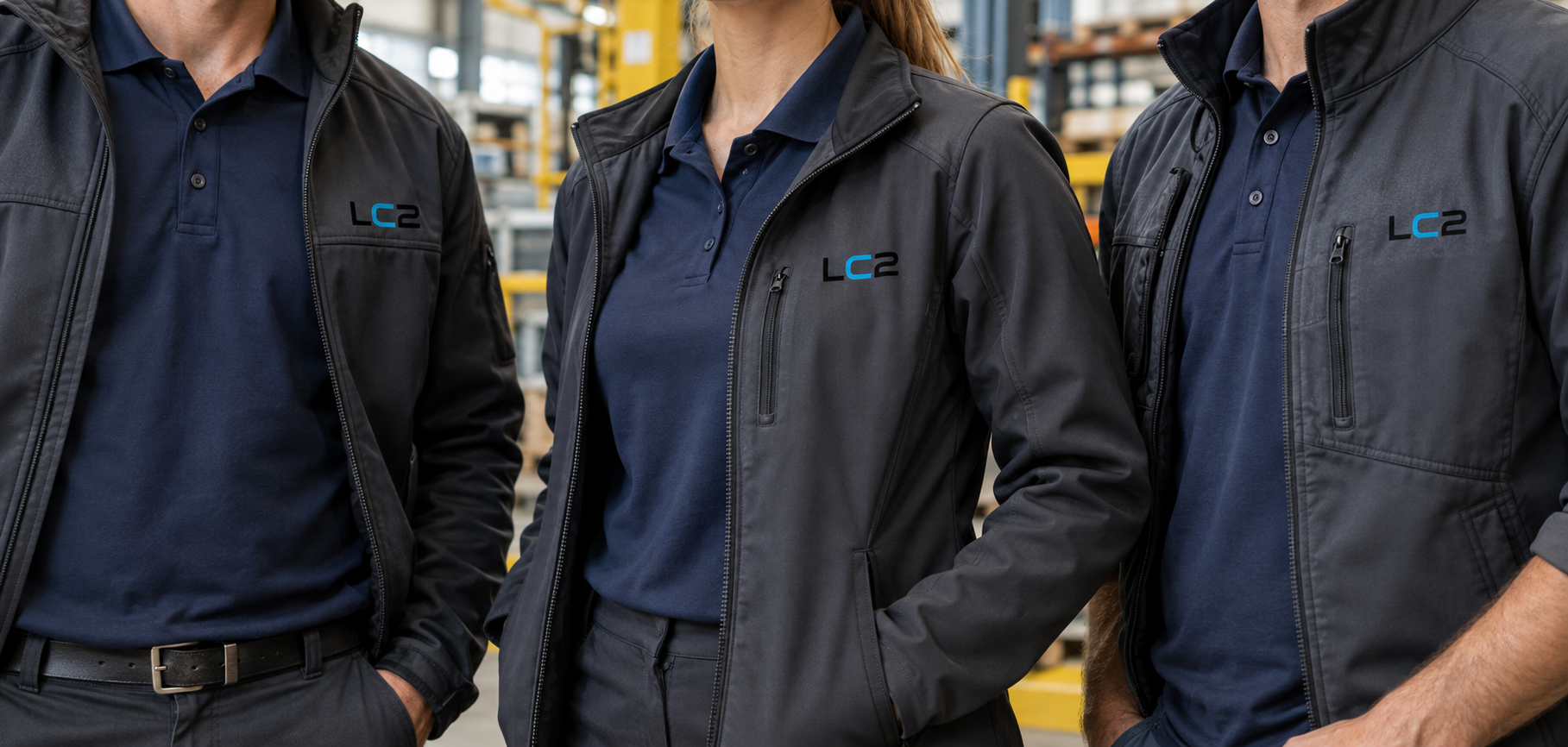 Equipo de trabajo con prendas azul marino y chaquetas marcadas con LC2