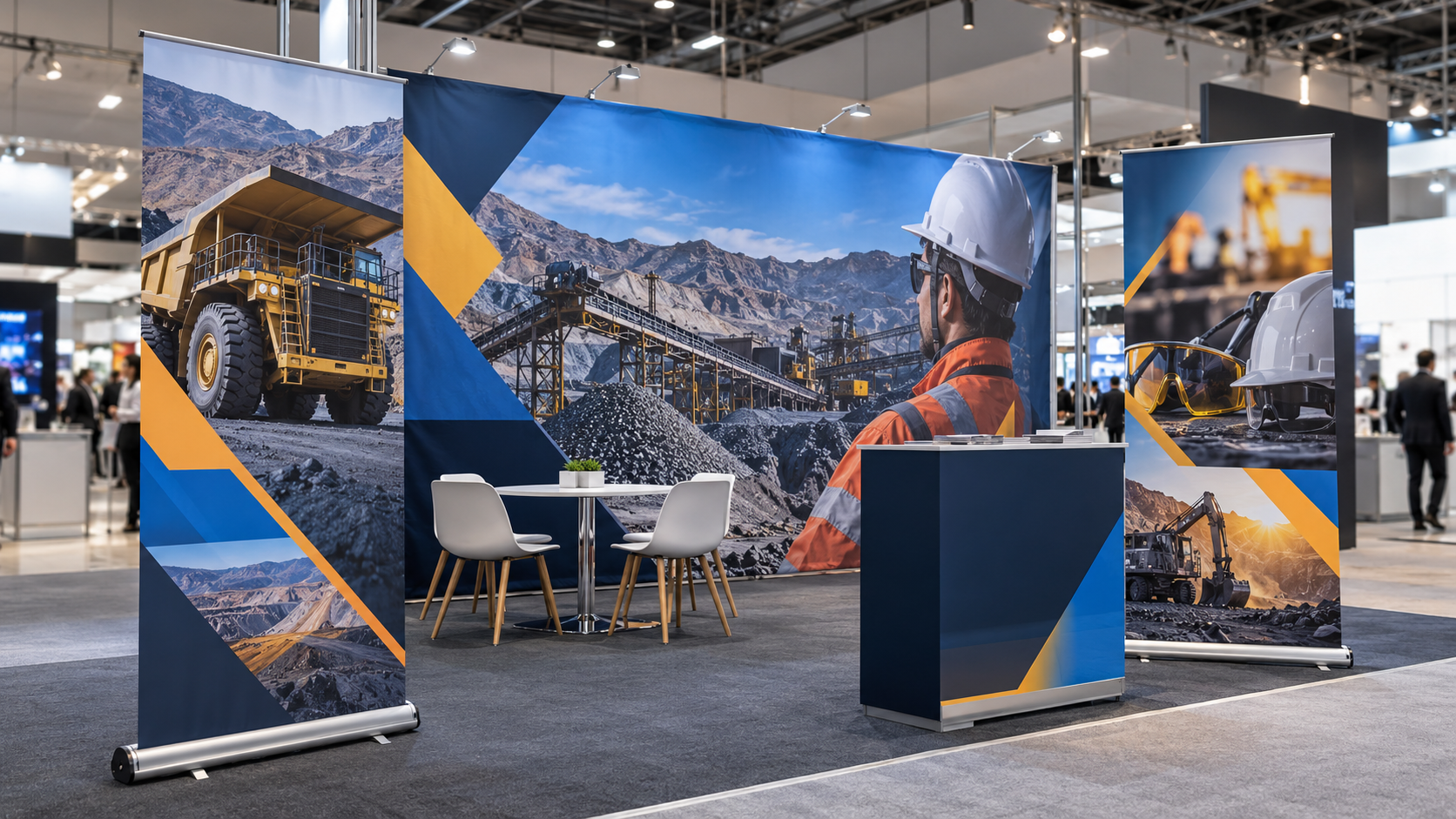 Pendones y fondo gr&aacute;fico impresos en un stand para empresas mineras