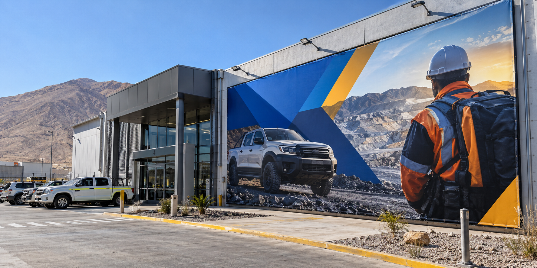 Gr&aacute;fica publicitaria de gran formato en la fachada de una instalaci&oacute;n industrial