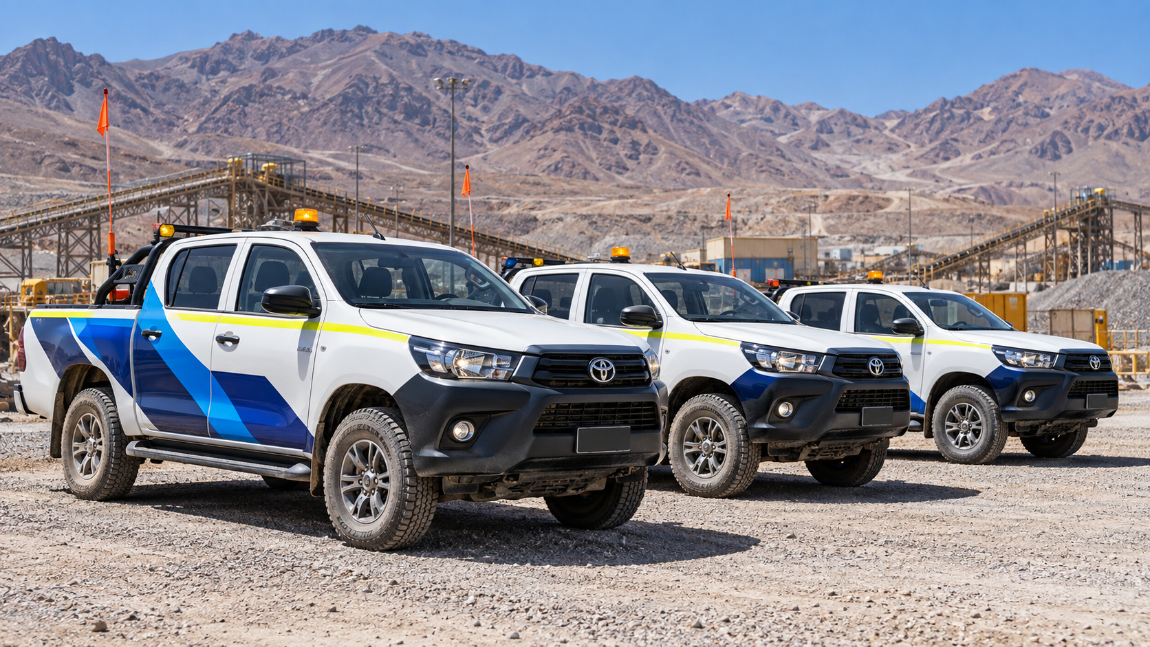 Tres camionetas de faena con una identidad gráfica azul coordinada