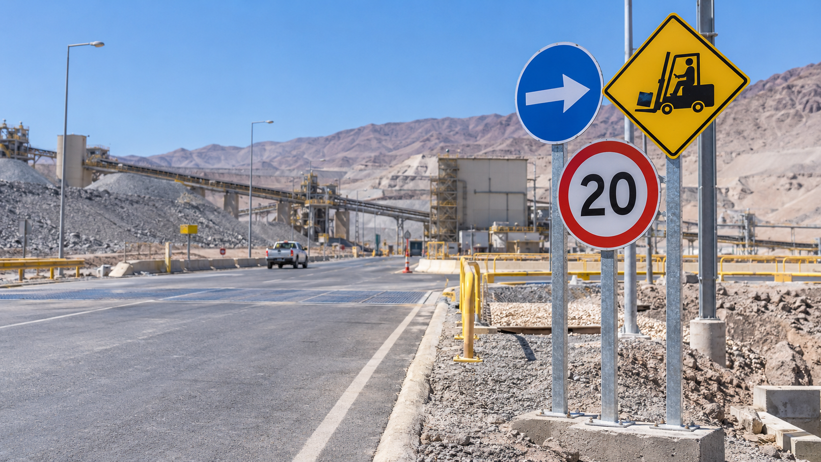 Señales de dirección, velocidad y maquinaria en el acceso a una instalación industrial