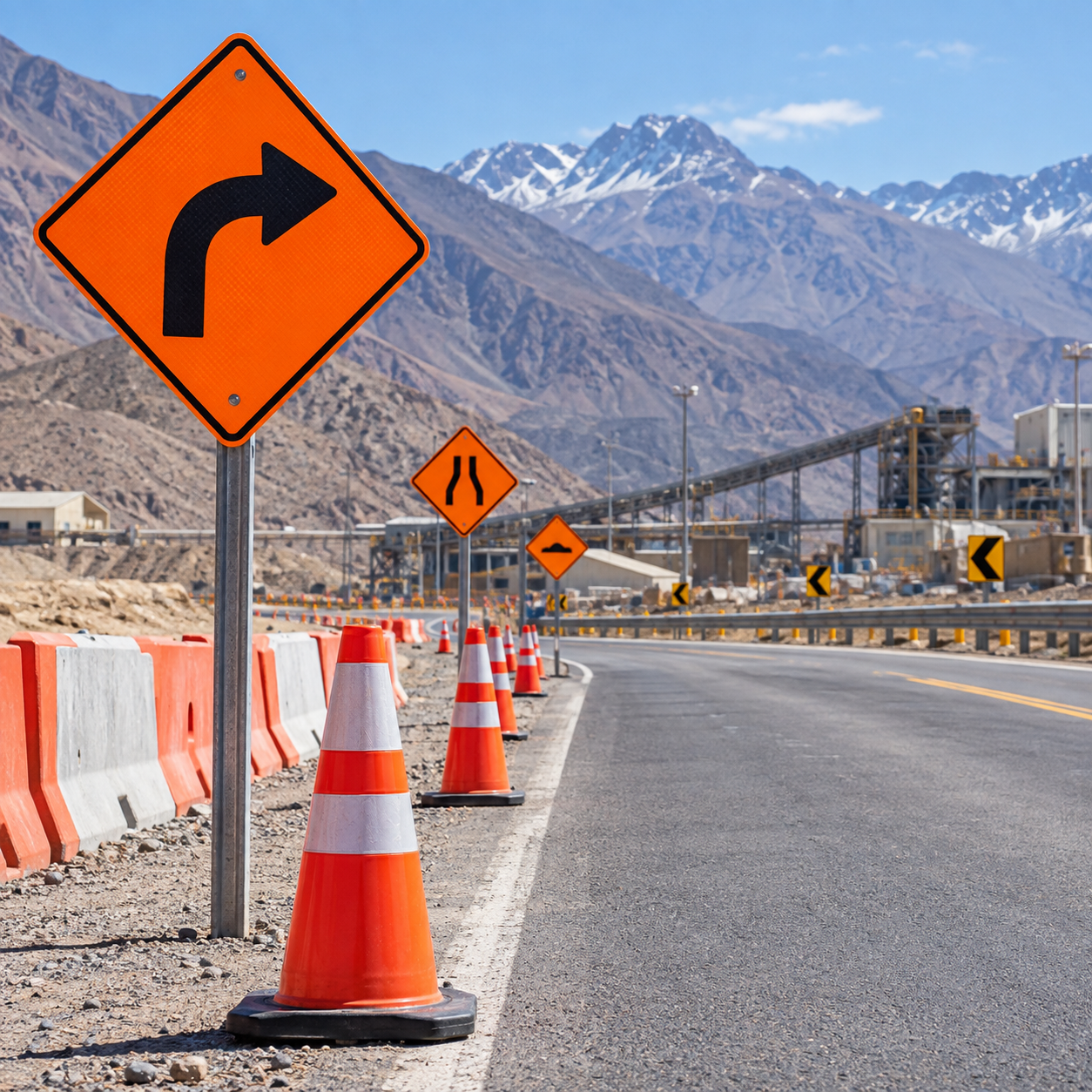 Señales de curva, estrechamiento y precaución junto a una vía industrial